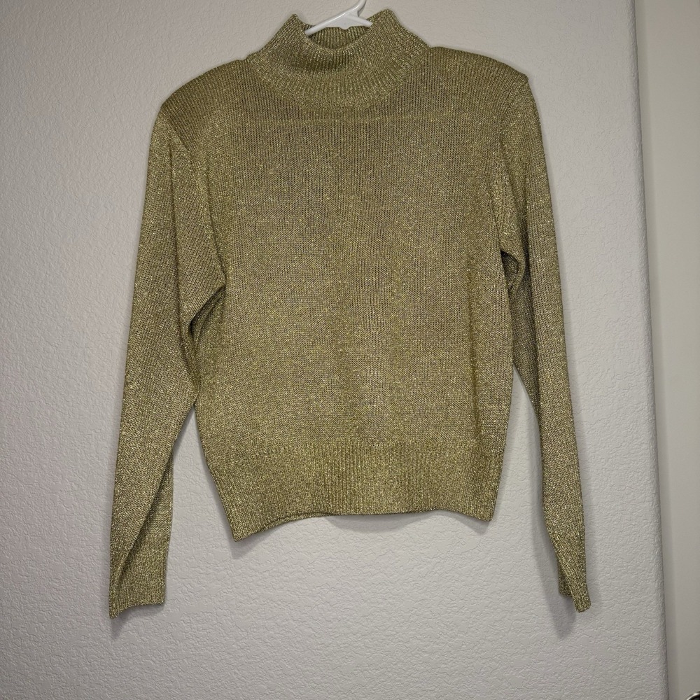Evan Picone Petites Medium Gold Metallic Knit Turtleneck‎ Sweater Sparkly Party